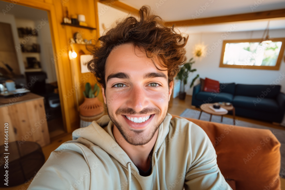 Selfie picture of a happy young handsome millennial man smiling at the camera in the living room in a modern home Selfie picture of a happy young handsome millennial man smiling at the camera in the living room in a modern home