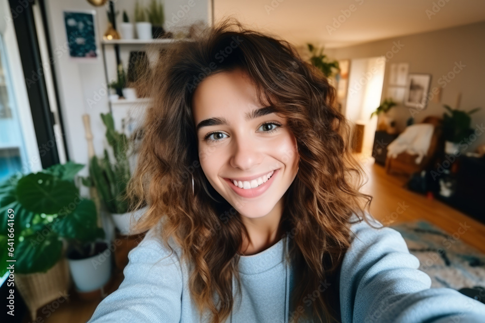 Selfie picture of a happy young pretty millennial woman smiling at the camera in the living room in a modern home