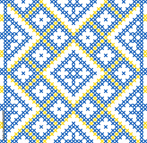 Vector illustration of Ukrainian ornament in ethnic style, identity, vyshyvanka, embroidery for print clothes, websites, banners. Background. Geometric design, border, copy space, frame