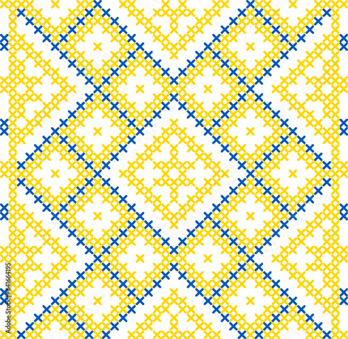 Vector illustration of Ukrainian ornament in ethnic style, identity, vyshyvanka, embroidery for print clothes, websites, banners. Background. Geometric design, border, copy space, frame