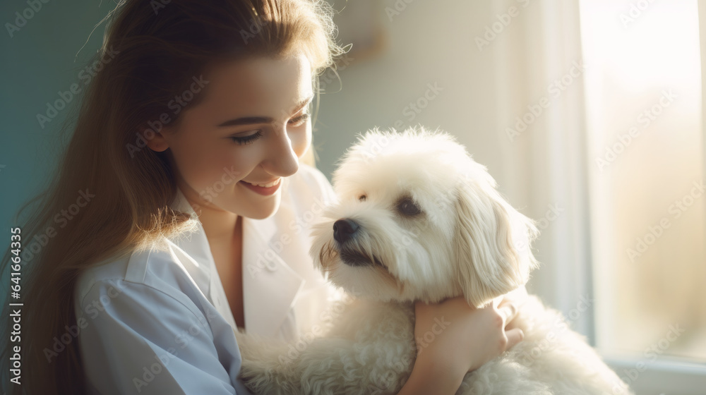 Young female veterinarian taking care of her dog patient , woman vet Young female veterinarian taking care of her dog patient , woman vet