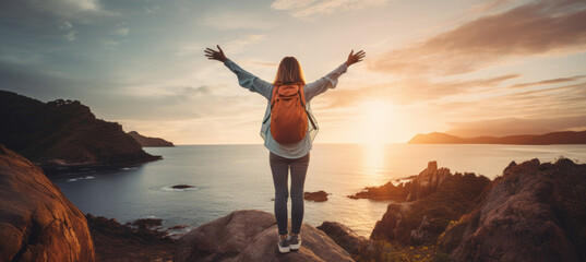 Confident woman with backpack with arms up relaxing at sunset seaside during a trip , traveler enjoying freedom in serene nature landscape