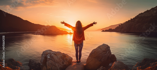 Confident woman with arms up relaxing at sunset seaside during a trip , traveler enjoying freedom in serene nature landscape #641664318