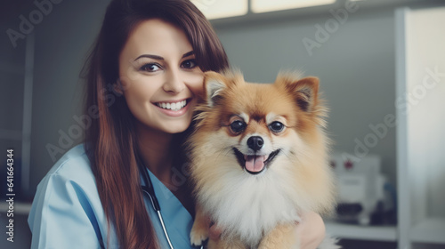 Young female veterinarian taking care of her dog patient , woman vet © Keitma