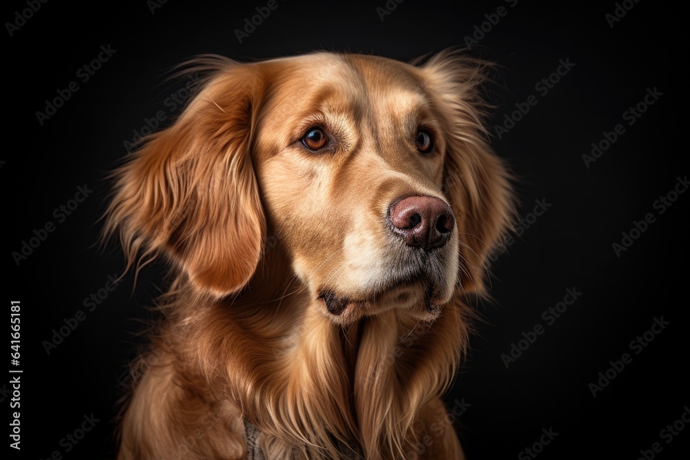 Portrait of pretty golden retriever dog on black background