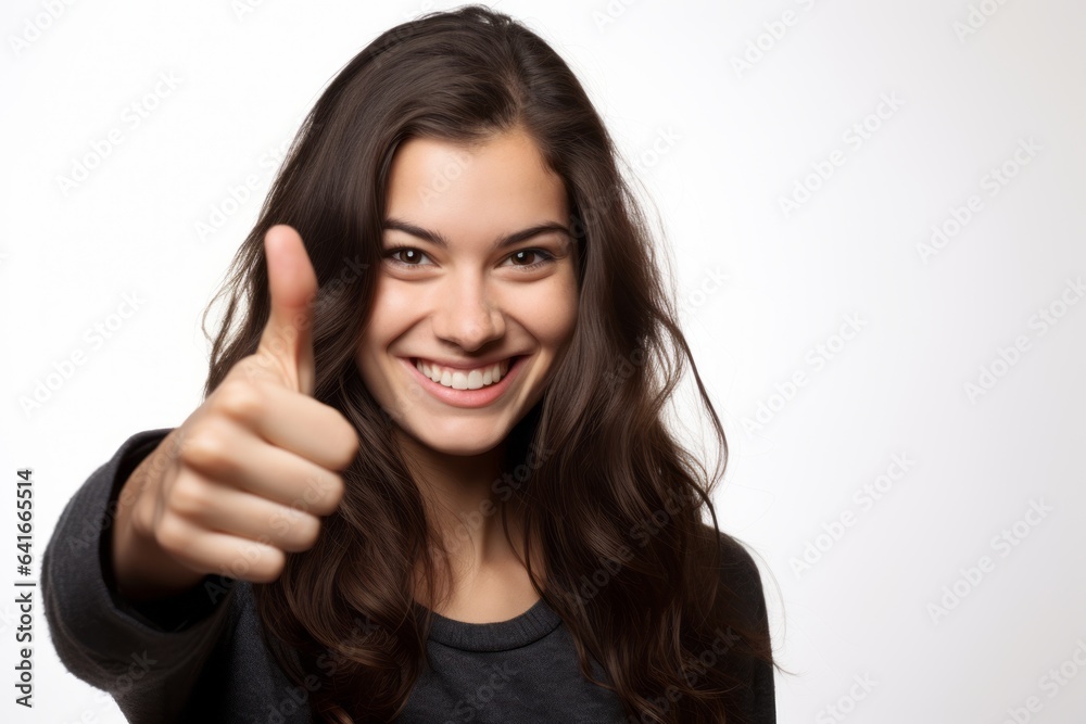 Headshot portrait photography of a glad girl in her 30s showing a thumb up against a white background. With generative AI technology Headshot portrait photography of a glad girl in her 30s showing a thumb up against a white background. With generative AI technology