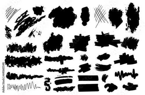 Vector set of hand-drawn brush strokes and spots, blots.