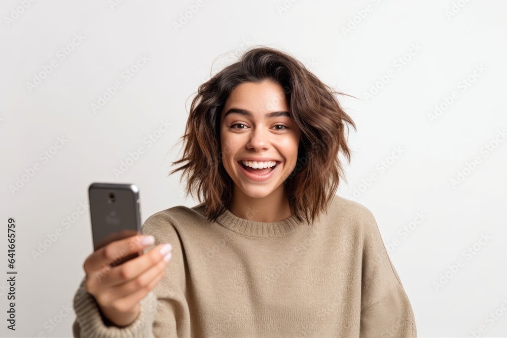 Medium shot portrait photography of a joyful girl in her 20s taking a selfie with his mobile against a white background. With generative AI technology Medium shot portrait photography of a joyful girl in her 20s taking a selfie with his mobile against a white background. With generative AI technology