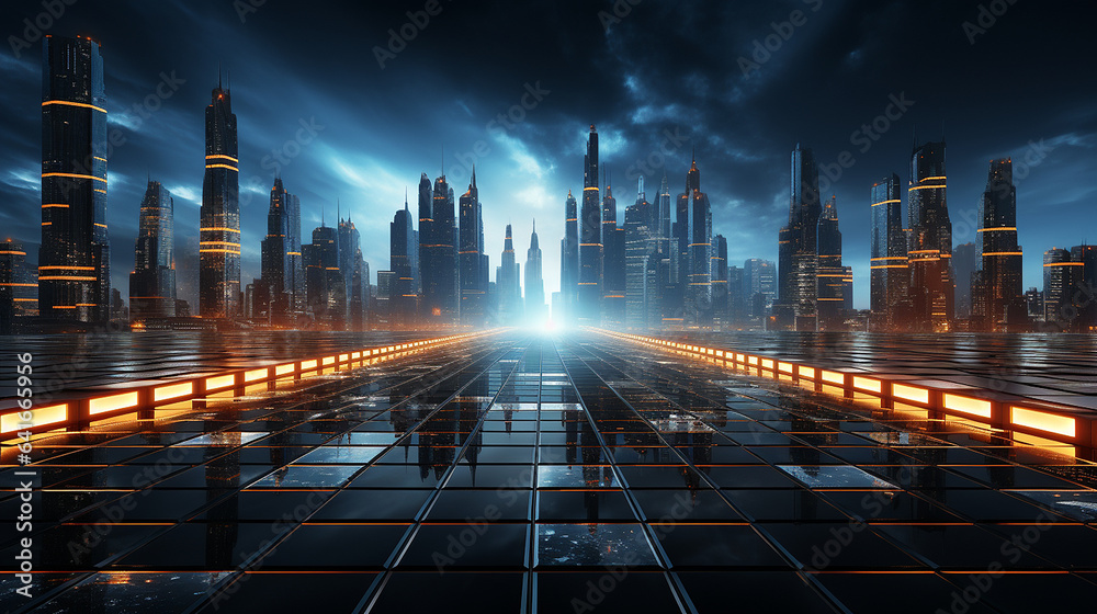 Futuristic city at night with lights and road. 3d rendering