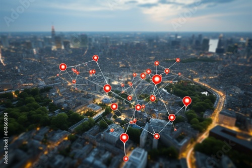 Geographic quest. Network map pin in cityscape denotes location searching