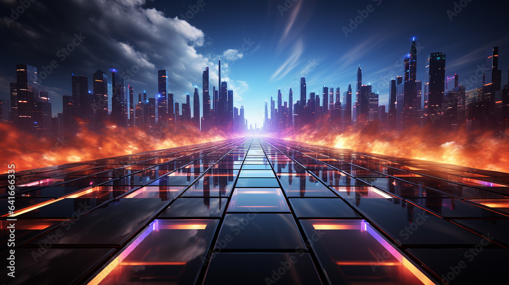 3D illustration of futuristic city at night with neon lights and reflections - obrazy, fototapety, plakaty 