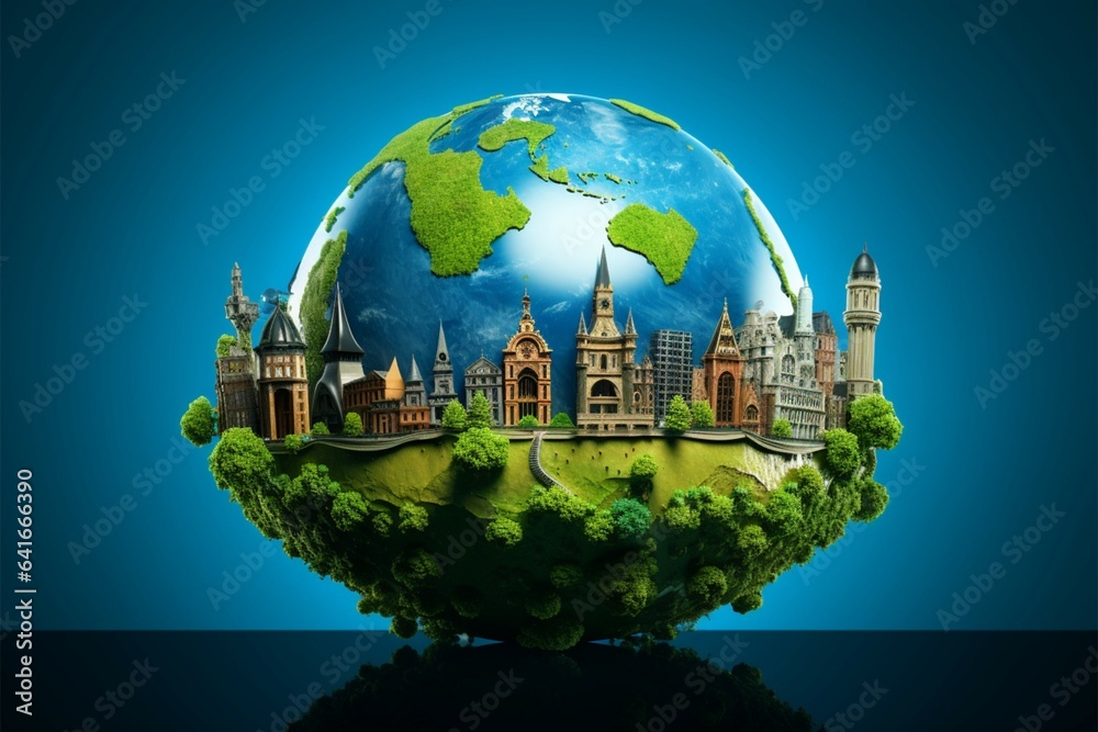 Globe trotting. Green planet showcases renowned attractions in captivating travel concept Globe trotting. Green planet showcases renowned attractions in captivating travel concept