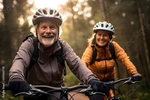 An Older Couple Riding Bicycles in the Woods