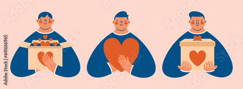 Volunteering, supporting, humanism, charity conception.Set of cute modern cartoon clip arts with volunteers, activists, box for donation, placard, banner, persons, hands, hearts.