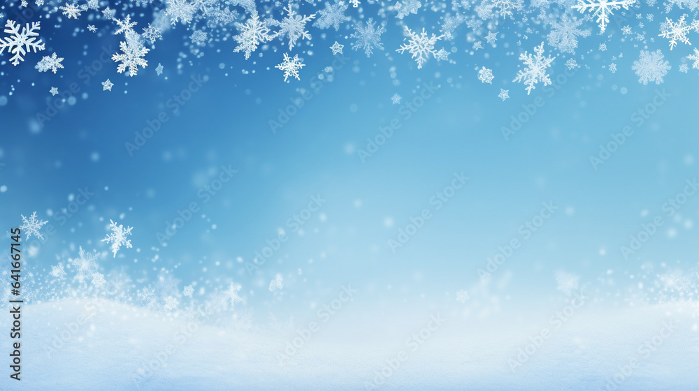 Delicate Snowflakes on Blue Sky Merry Christmas Background, with copy space