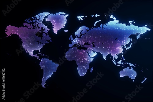 Neon effect world map created from dots, symbolizing globalization