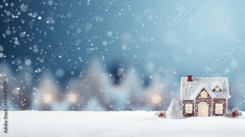Charming Snow-Covered Cottage Merry Christmas Background, with copy space