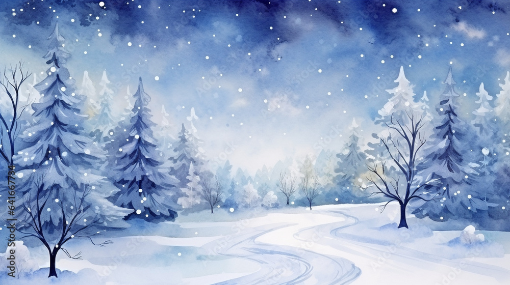 Magical Winter Wonderland and Warm Holiday Wishes Merry Christmas Postcard, watercolor style, with copy space