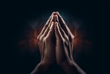 Praying hands with faith in religion and belief in God on dark background. Power of hope or love and devotion, Generative AI