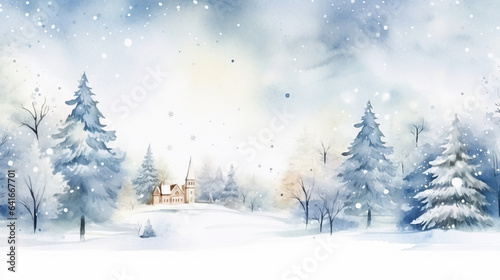 Magical Winter Wonderland and Warm Holiday Wishes Merry Christmas Postcard, watercolor style, with copy space © Катерина Євтехова
