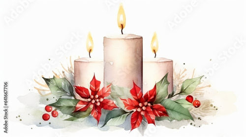 Glowing Candles and Festive Cheers Merry Christmas Postcard, watercolor style, with copy space