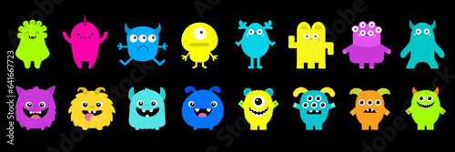 Happy Halloween Monster set line. Cute cartoon kawaii colorful scary funny character icon. Eyes, horns, hands, tongue, fang teeth . Funny baby collection. Flat design. Black background Isolated.