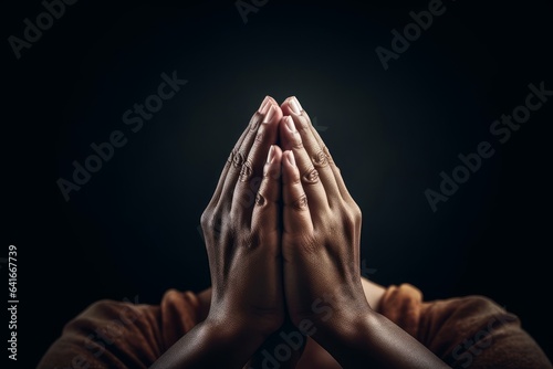 Praying hands with faith in religion and belief in God on dark background. Power of hope or love and devotion, Generative AI photo