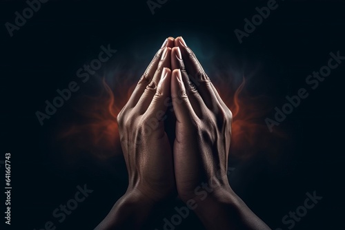 Praying hands with faith in religion and belief in God on dark background. Power of hope or love and devotion, Generative AI photo