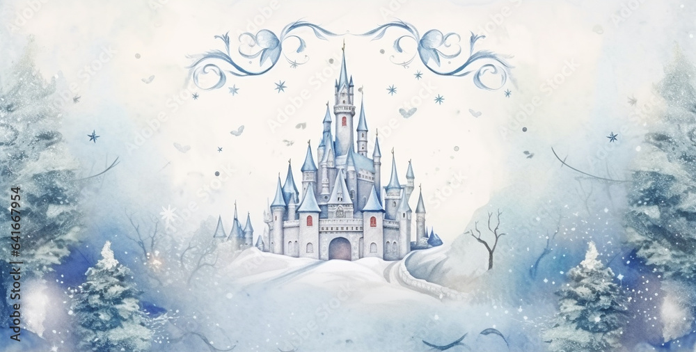 Enchanted Winter Castle and Magical Merry Christmas Greetings Postcard, watercolor style, with copy space