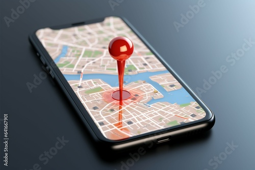 Red GPS pin on a smartphone screen in 3D rendering