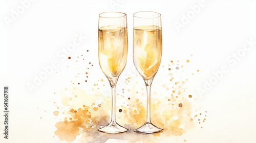 Sparkling Champagne Toast and Joyful New Year Wishes Merry Christmas Postcard, watercolor style, with copy space