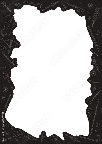 Vector fantasy frame with historical weapons and bord games dices. Diploma or certificate empty teplate. White background.