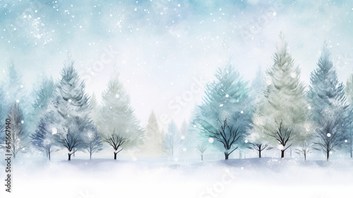 Glistening Snowy Trees and Merry Christmas Blessings Postcard, watercolor style, with copy space