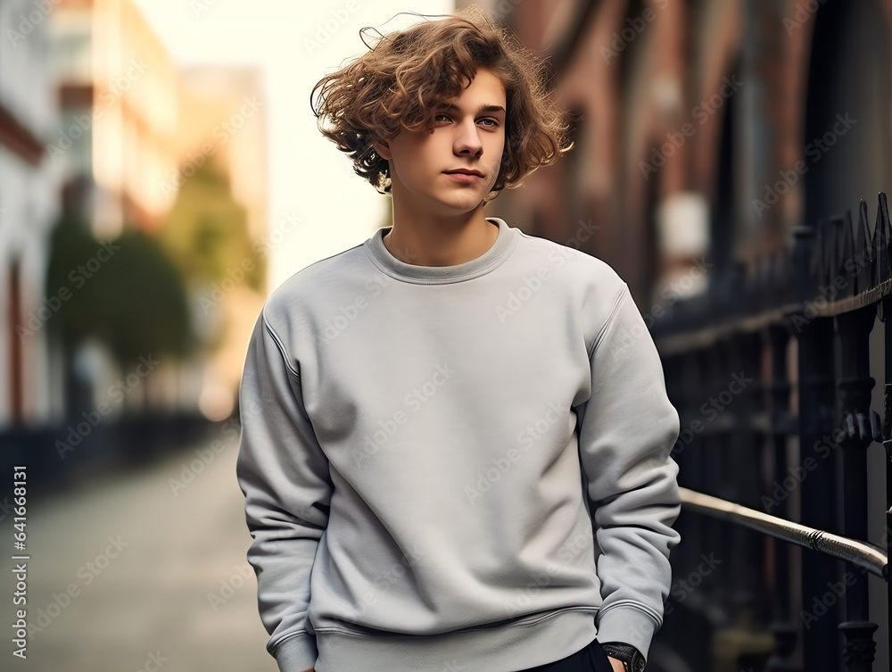 Young man wearing blank empty grey t-shirt long sleeves sweater mockup for design template Young man wearing blank empty grey t-shirt long sleeves sweater mockup for design template