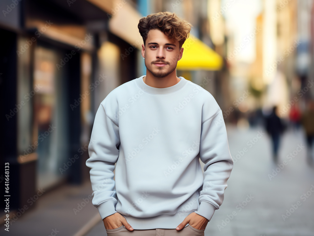 Young man wearing blank empty white t-shirt long sleeves sweater mockup for design template Young man wearing blank empty white t-shirt long sleeves sweater mockup for design template