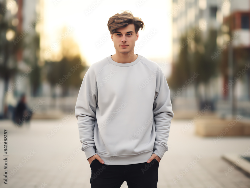 Fototapeta premium Young man wearing blank empty grey t-shirt long sleeves sweater mockup for design template