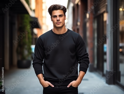 Attractive young man wearing blank empty black t-shirt long sleeves mockup for design template
