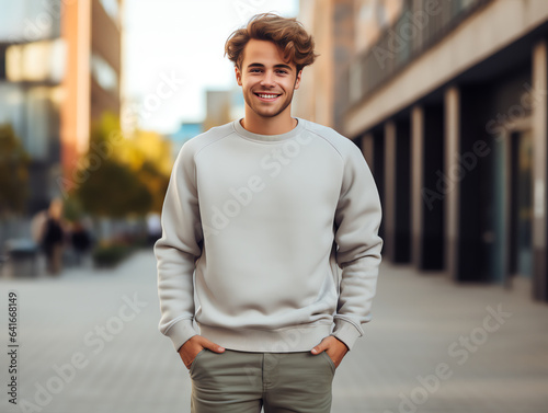 Young man wearing blank empty grey t-shirt long sleeves sweater mockup for design template