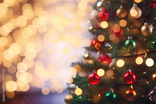 A Vibrant Christmas Tree With Colourful Ornaments  Defocused Bokeh Lights  Background Illustration With Copy Place For Text     Generative AI