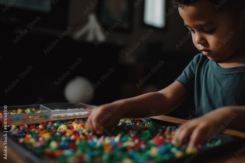 Close up of a black-skinned preschooler boy engaging in a sensory play activity, exploring colorful textures and materials, tactile objects. Generative AI. - obrazy, fototapety, plakaty 