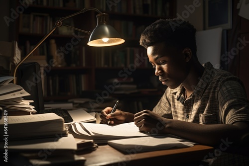 A black skinned photograph of a teenager studying at a desk, focused and immersed in his schoolwork. The background showcases a library. Generative AI.
