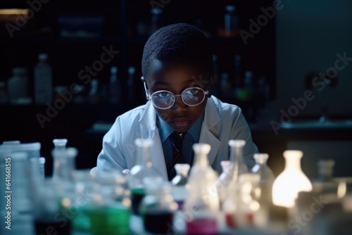 A black-skinned school-age boy child participating in a science experiment, wearing a lab coat, observing chemical reactions. The background is a science lab with scientific equipment. Generative AI.
