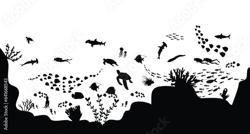 silhouette of coral reef with fish on white sea background underwater vector illustration	
