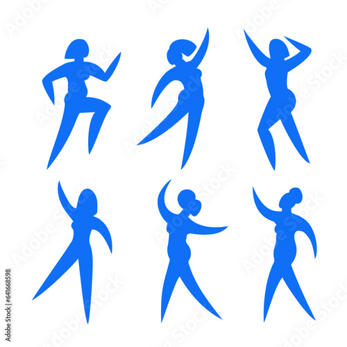 Dancing women.Contemporary silhouette organic shapes hand drawn blue female roundelay.Flat human figures bodies moving.Fashion modern trendy poster.Can use every girl apart.Isolated. Vector