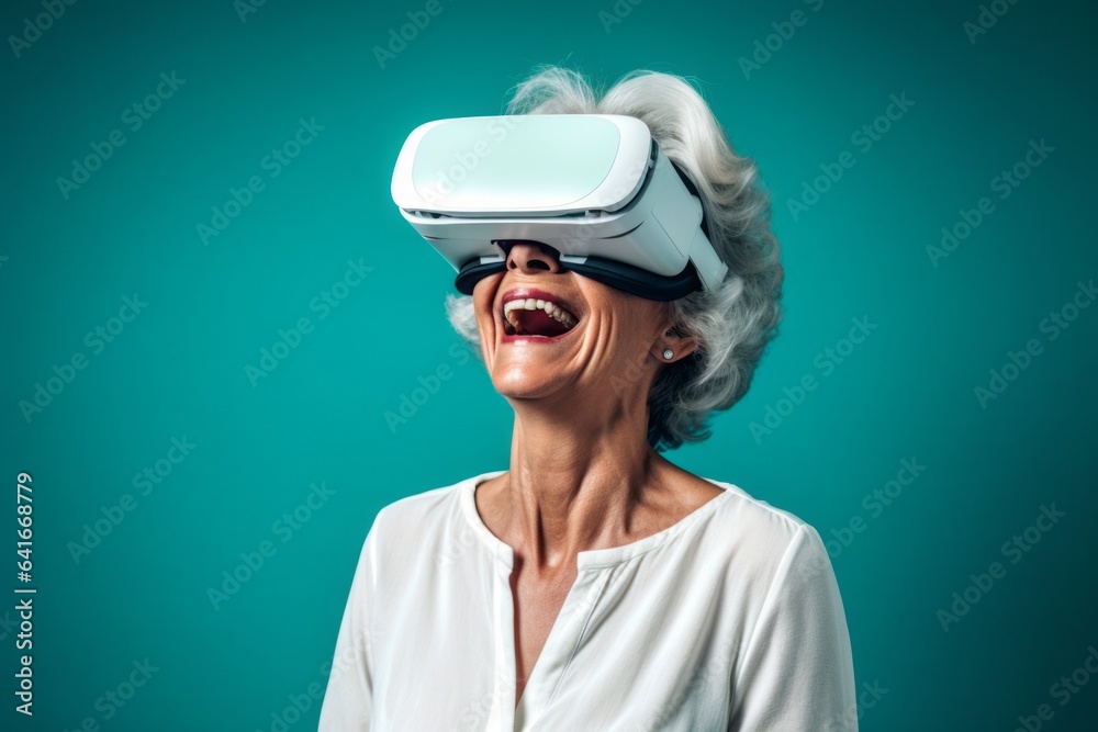 Headshot portrait photography of a tender mature woman playing with virtual reality mask against a turquoise blue background. With generative AI technology Headshot portrait photography of a tender mature woman playing with virtual reality mask against a turquoise blue background. With generative AI technology