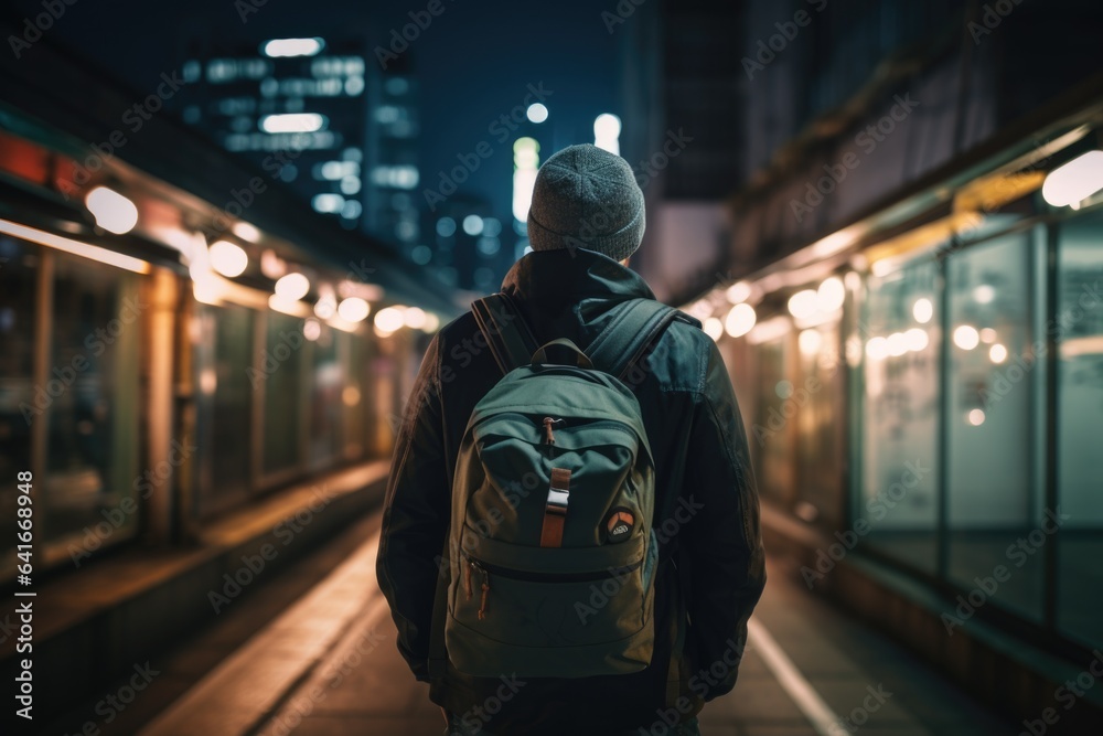 Fototapeta premium A traveler with a backpack admiring a famous landmark in a bustling city. The combination of urban exploration and cultural experiences. Back view. Generative AI.