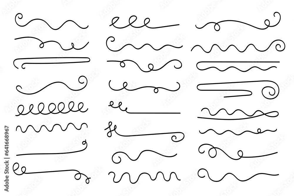 Underlines hand-drawn set. Hand-drawn dividers, separators, borders, collection of doodle style various art accentuation elements for text decoration. Isolated. Vector illustration