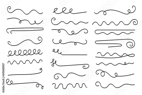 Underlines hand-drawn set. Hand-drawn dividers, separators, borders, collection of doodle style various art accentuation elements for text decoration. Isolated. Vector illustration