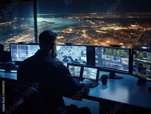 Generative AI illustration of back view of unrecognizable male worker with headphones sitting at desk with computers in dark room