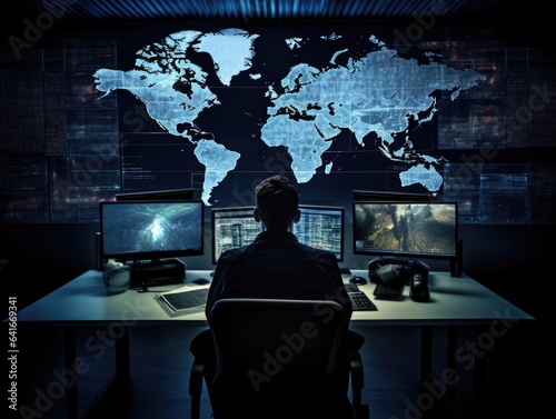 Generative AI illustration of back view of unrecognizable male worker with headphones sitting at desk with computers in dark room